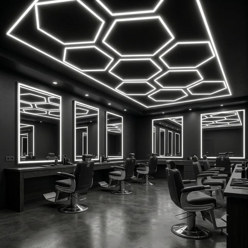 Hexagon LED lighting illuminating a garage