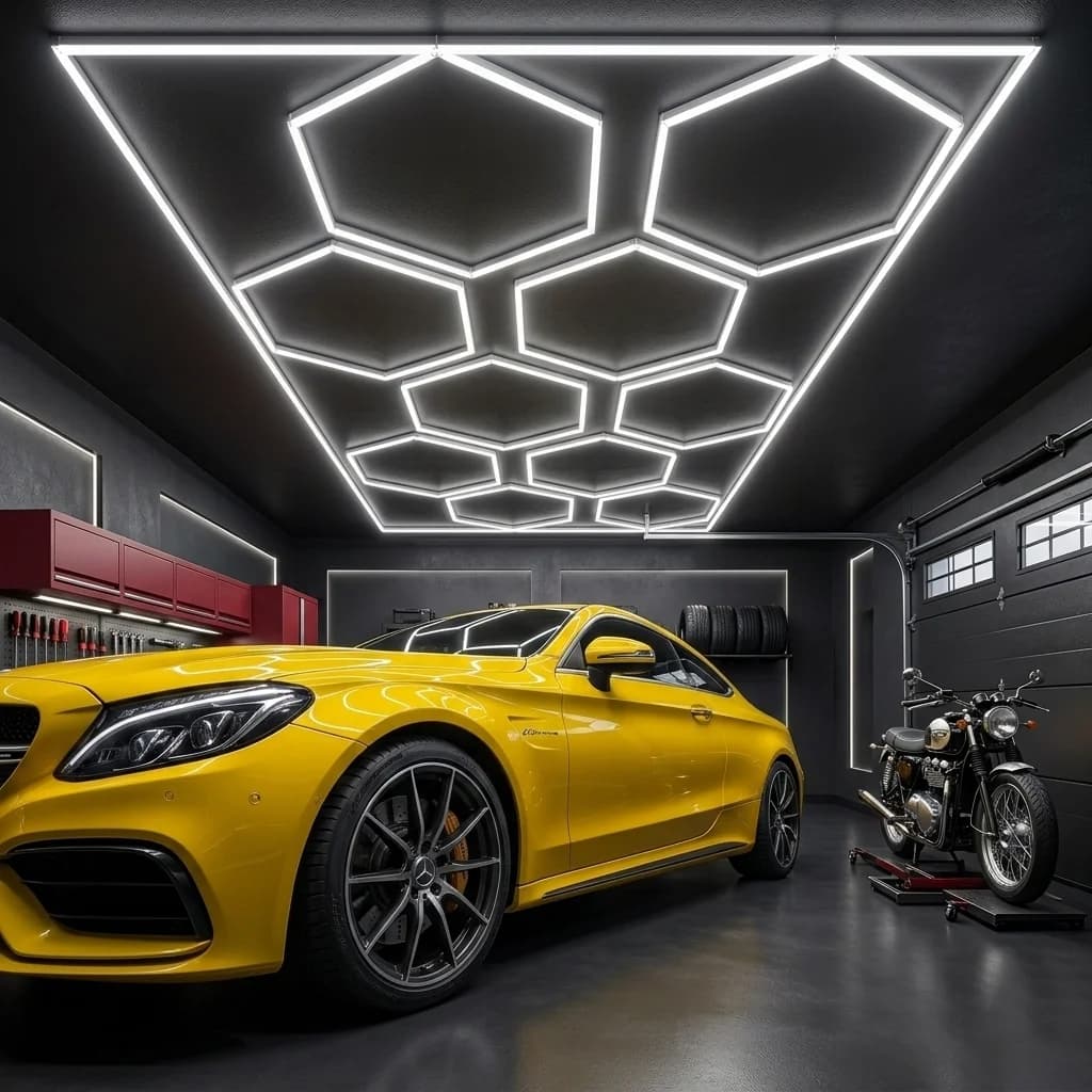 Hexagon LED lighting illuminating a garage